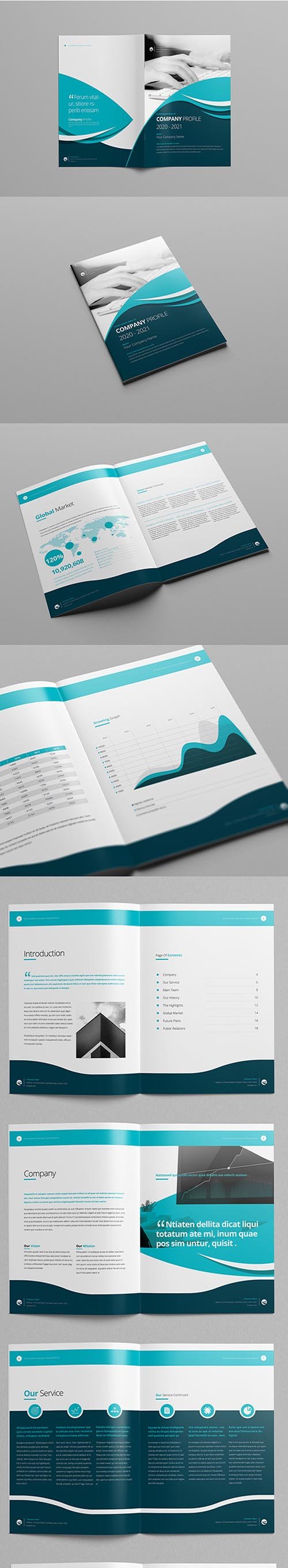 Company Profile Layout with Teal and Blue Accents 220149458 INDT