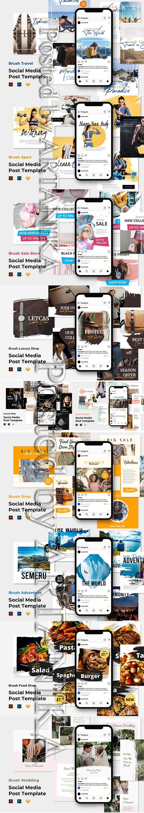 Instagram Post Feed PSD - Brush Sport, Sale Store, Adventure, Fashion, Wedding, Travel, Luxury Shop and Food Template