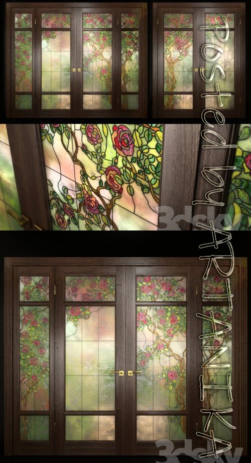 A set of two double doors with stained glass 3D Model Template