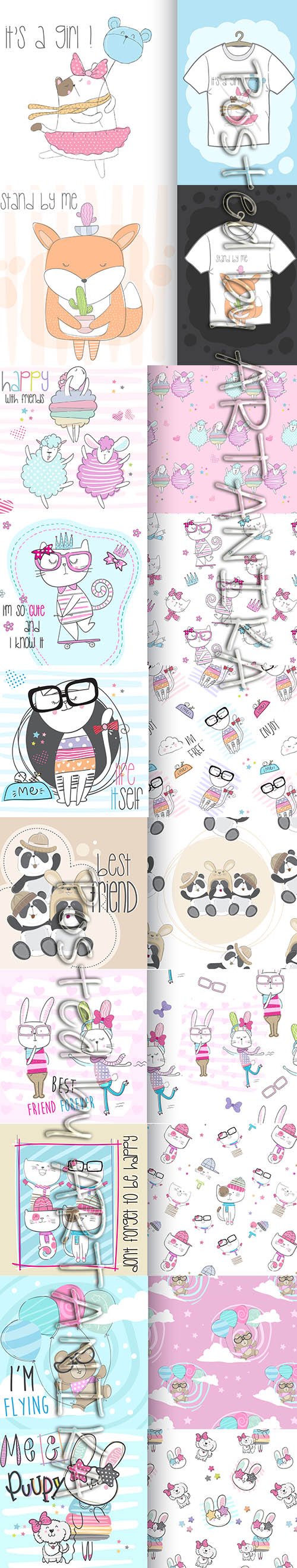 Cute Little Animals and Child Illustrations with Seamless Pattern Pack Vol 8