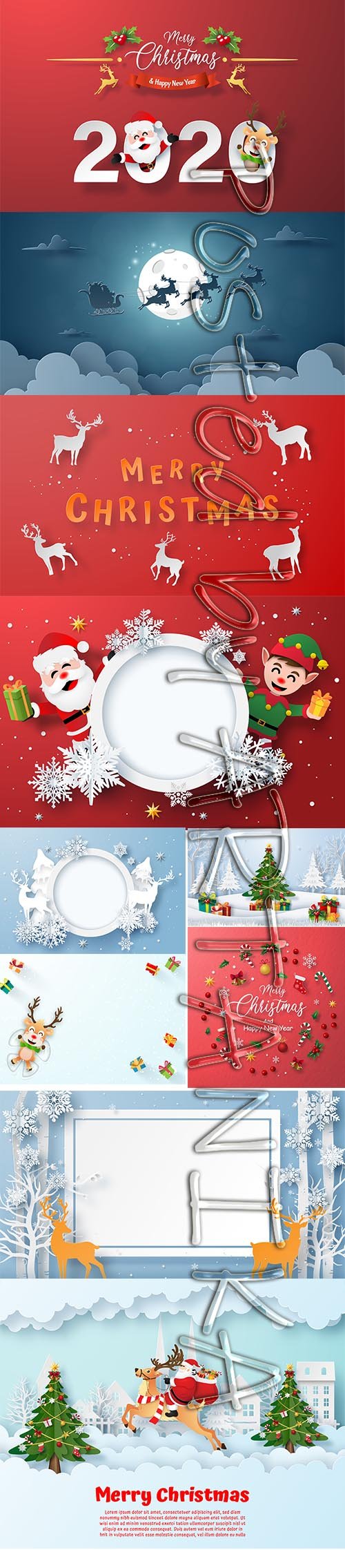 Paper Art - Christmas Happy New Year Illustrations Set