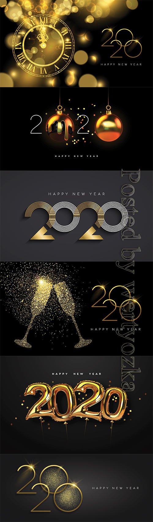 Happy New Year 2020 gold midnight clock party card
