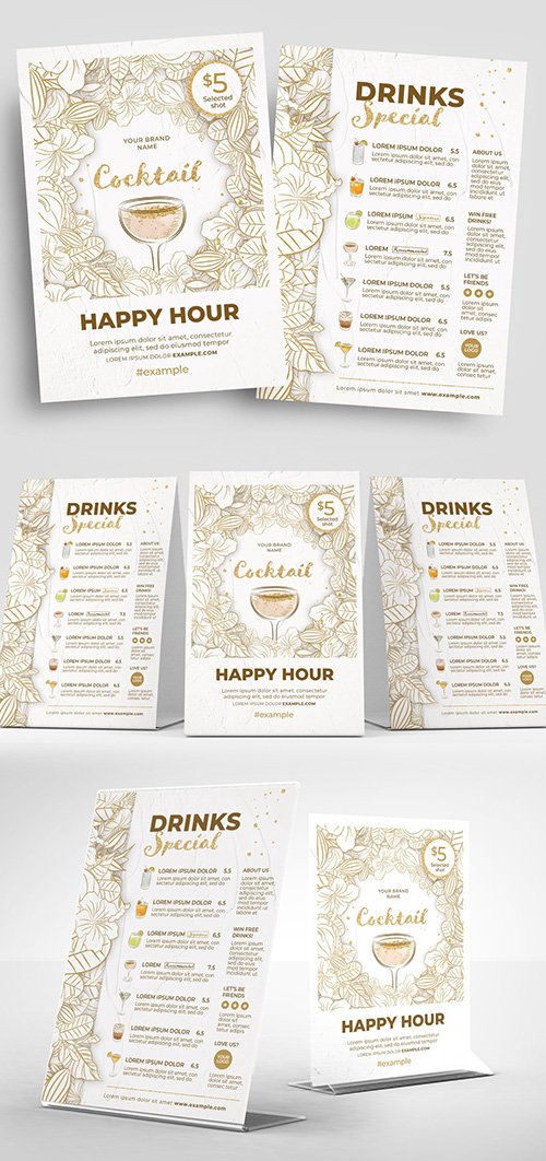 Cocktail Bar Menu Flyer Layout with Minimalist Floral Illustrations 308546147 PSDT