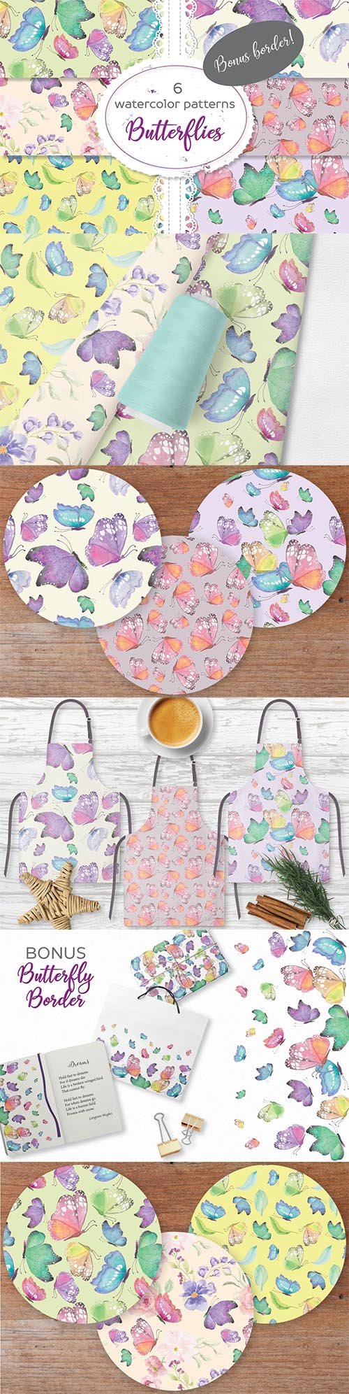 Set of 6 Patterns in Colorful Butterflies