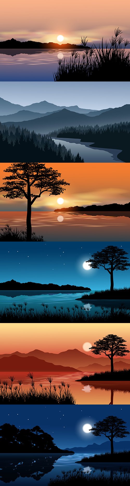 Night landscape at river and sunset illustration