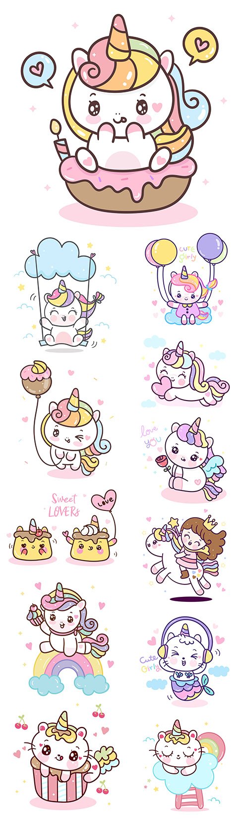 12 Cute Unicorn Cartoon Premium Illustrations Set