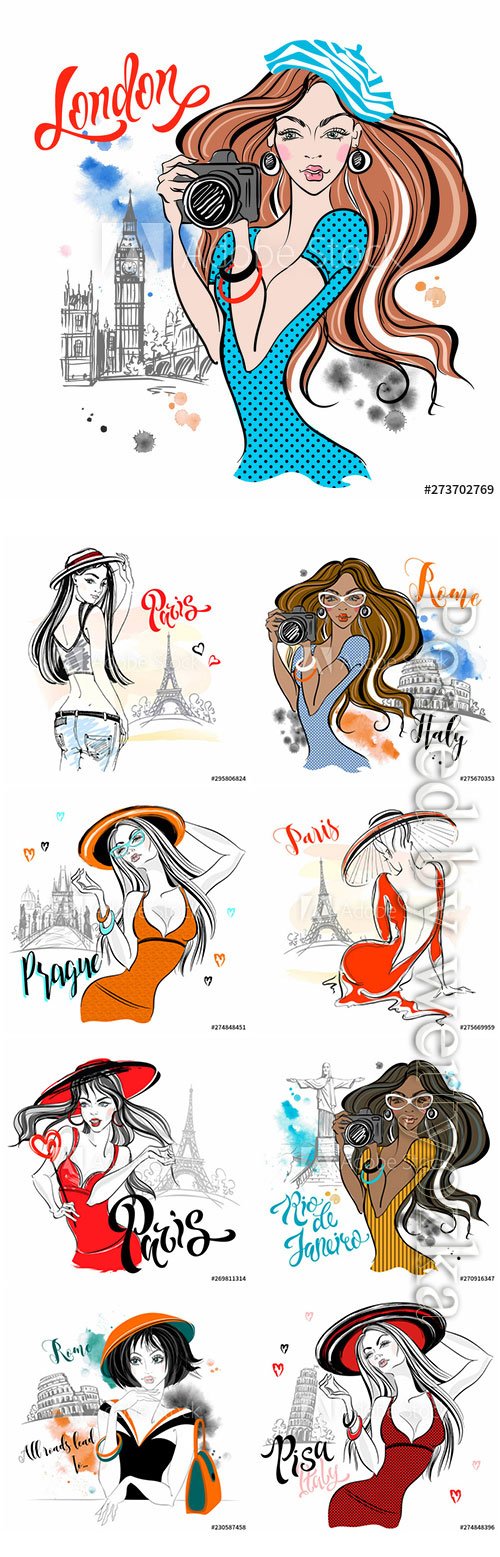 Girl tourist travels vector illustrations