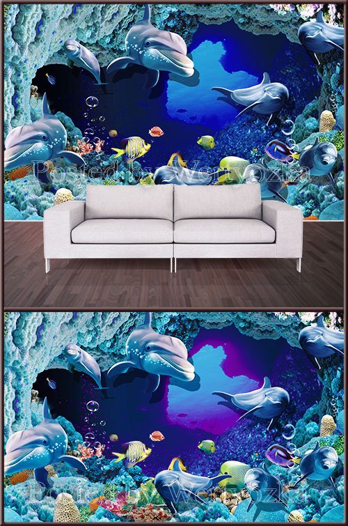 3D psd background wall dolphins and fish