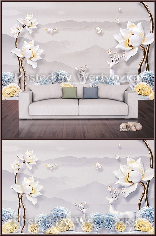 3D psd background wall peonies and deers