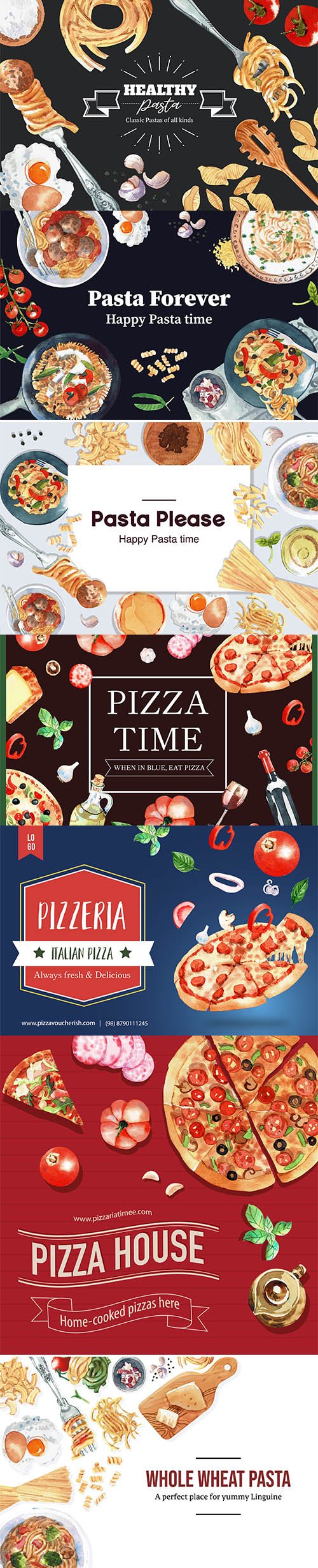 Pasta and Pizza Design Watercolor Illustrations Set