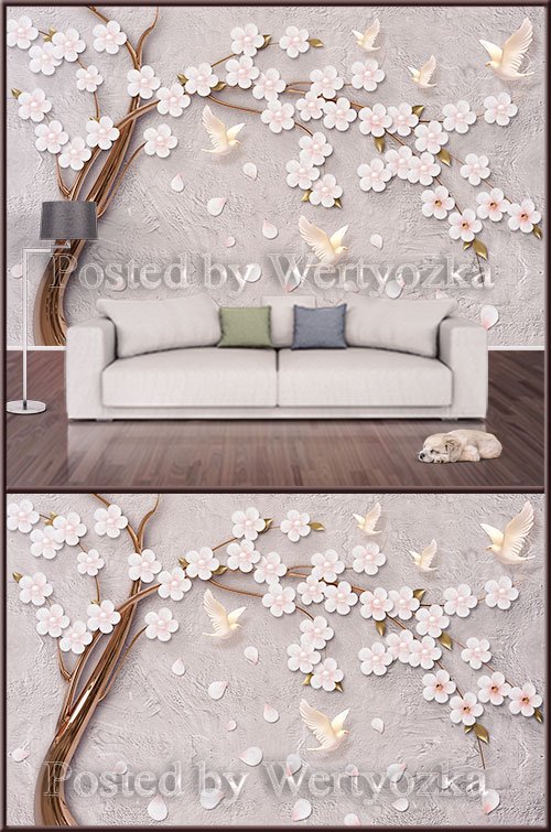 3D psd background wall tree with flowers and birds