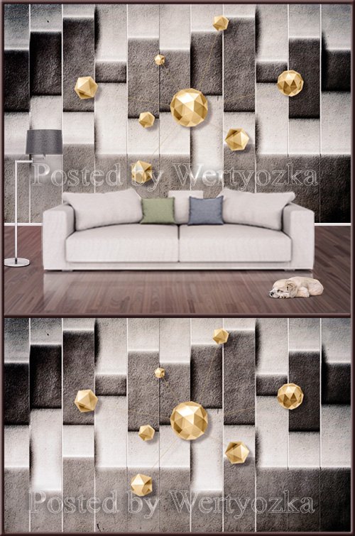 3D psd background wall abstraction with golden stones