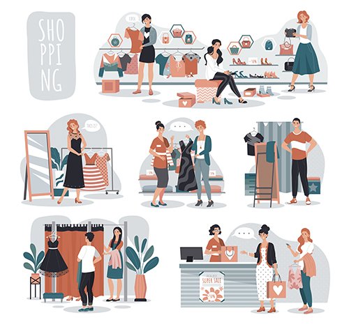 Woman Shopping Fashion Store People Boutique Illustration