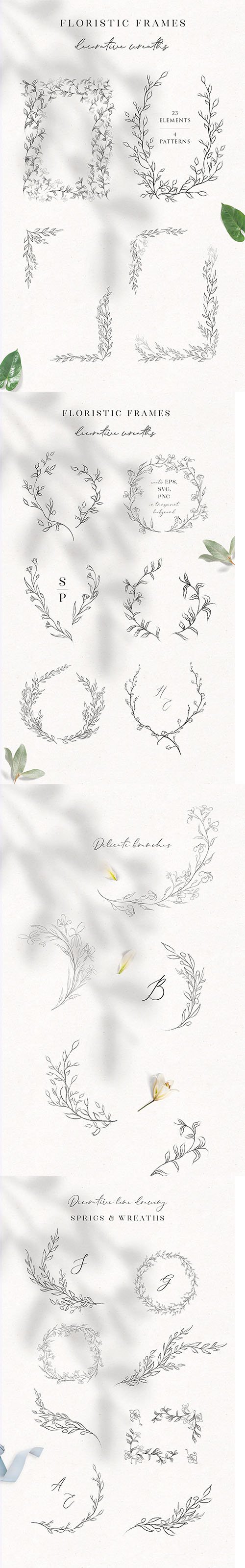 Line Drawn Floral Wreaths, Sprigs, botanicals