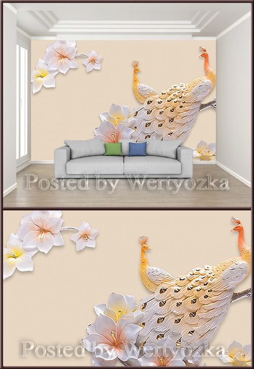 3D psd background wall peacock magnolia