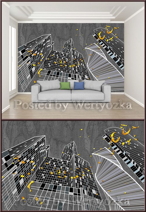 3D psd background wall geometric lines city silhouette