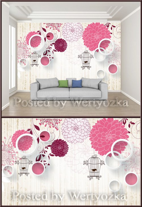 3D psd background wall fashion literary flower solid circle bird