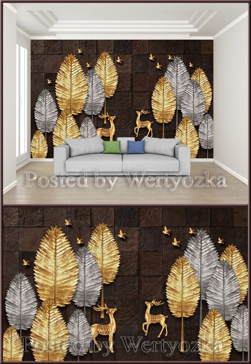 3D psd background wall chinese creative gold silver tree elk