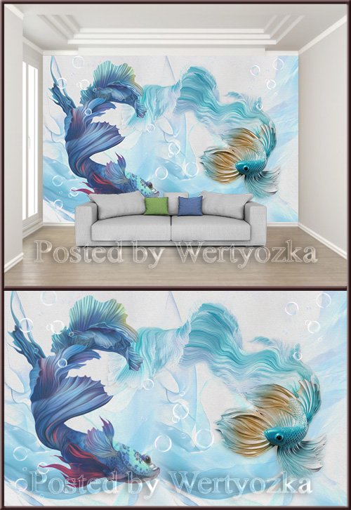 3D psd background wall abstract cyan blue peacock fighting fish