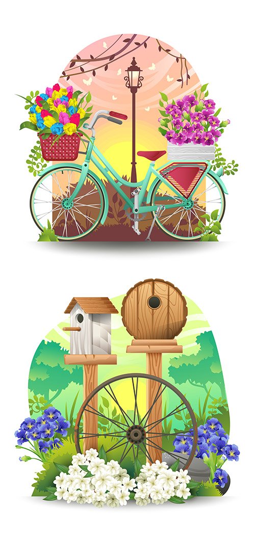 Bicycle and Spring Flowers Illustration Set
