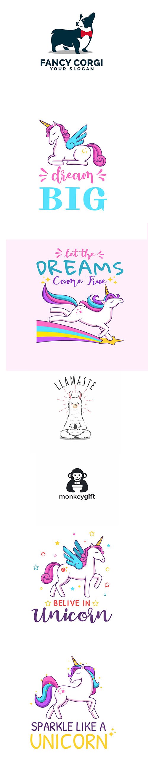 Cute Unicorn, Llama, Monkey and Korgi Dog Logo Template Set