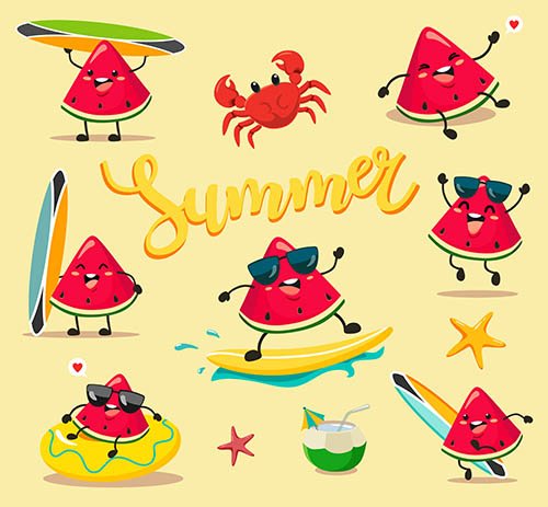 Funny Cute Summer Watermelons Cartoon Style Kawaii Set