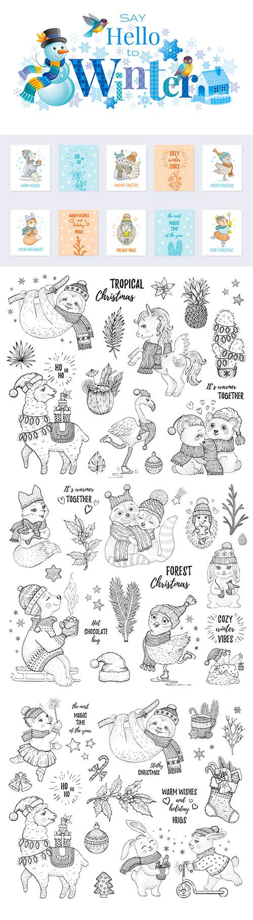 Christmas Sketch Tropical Animals and Card Template Set