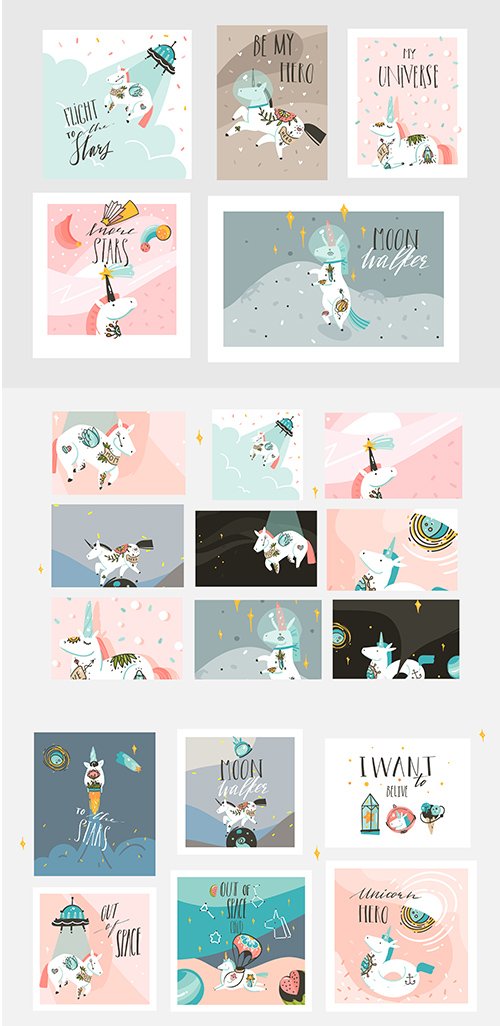 Hand-Drawn Abstract Creative Cartoon Illustrations Cards with Astronaut Unicorns Set