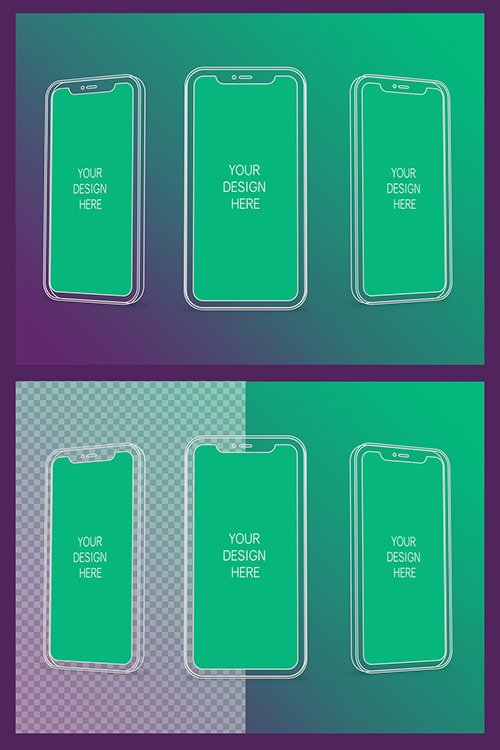 3 Wireframe Smartphones Screen Mockups with Transparent Background 337060187