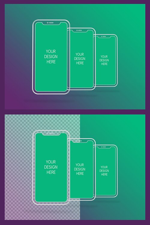 3 Wireframe Smartphones Screen Mockups with Transparent Background 337056964