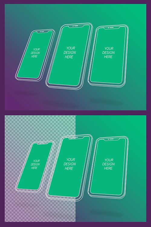 3 Wireframe Smartphones Screen Mockups with Transparent Background 337056267