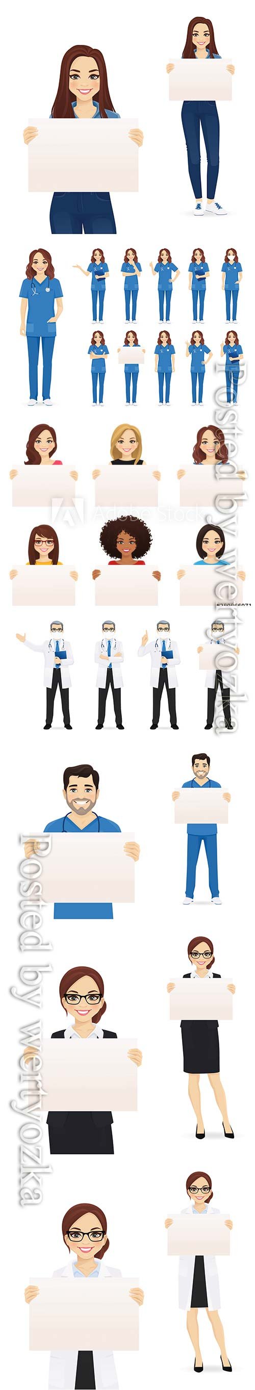 People set holding empty blank board isolated vector illustration
