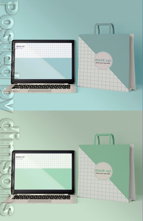 Front Laptop and Paper Bag Mockup 337042163