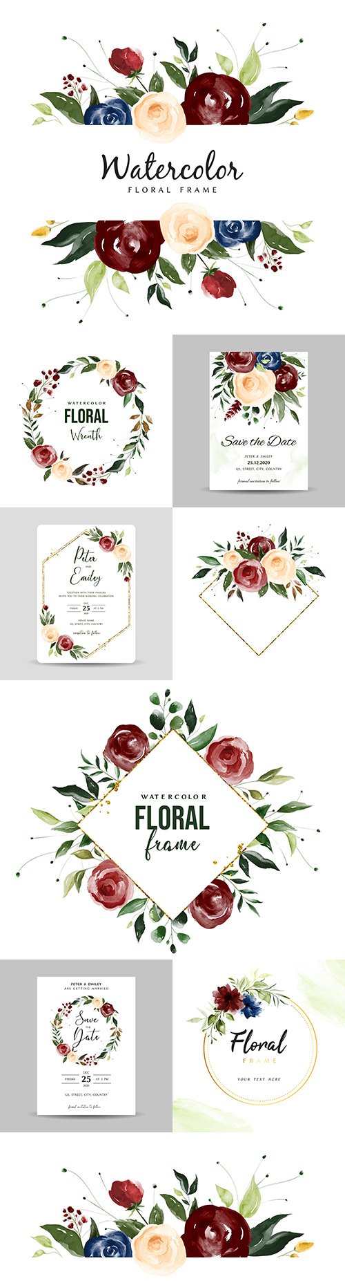Watercolor flower frame for wedding invitation design