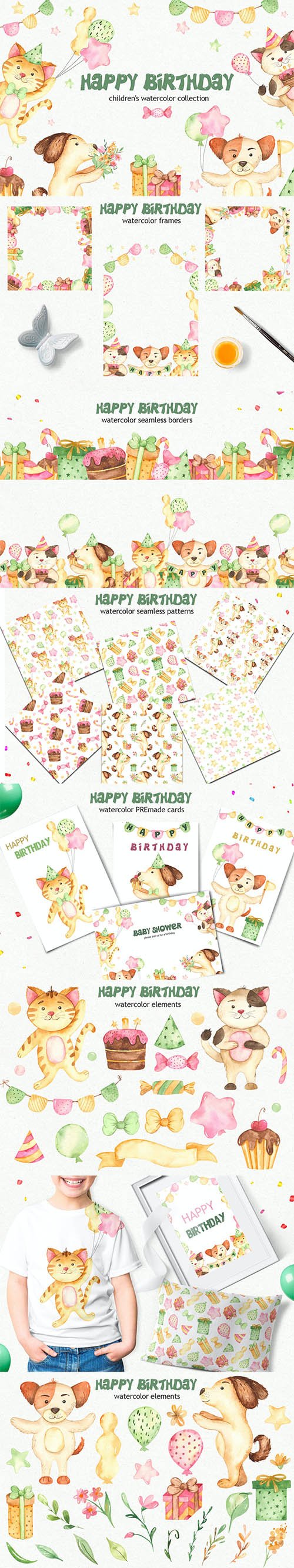 Watercolor Happy Birthday Dog and Cat Clipart