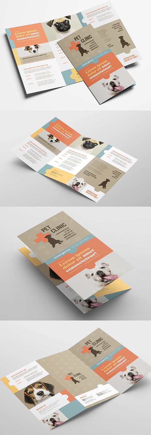 Trifold Brochure Layout with Pet and Vet Service Themed Illustrations 319811864
