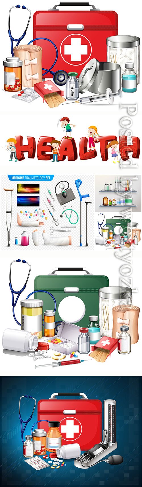Many medical equipments and medicine vector illustration