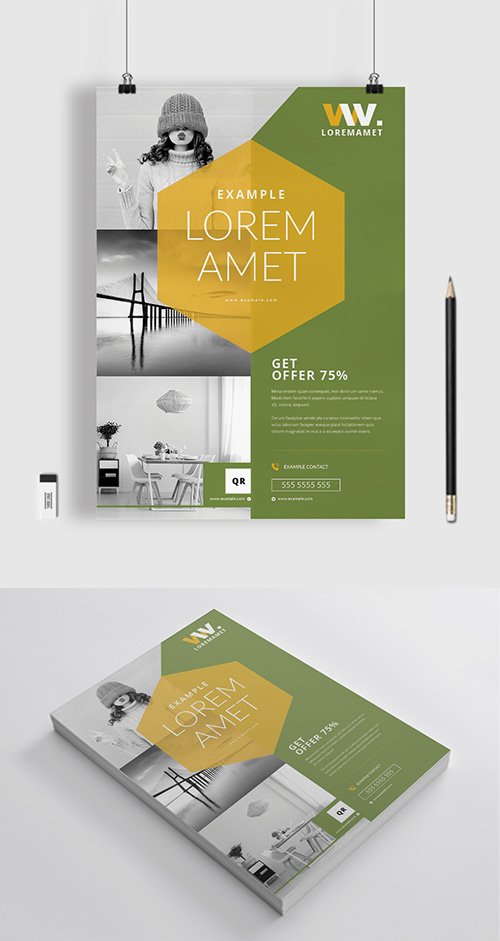 Flyer Layout with Yellow Hexagonal Overlay Element and Green Accents 332517440