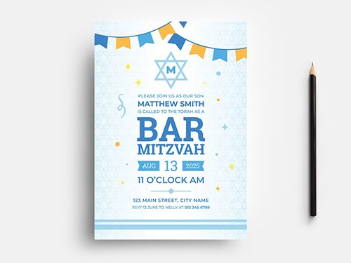 Bar Mitzvah Party Flyer Layout with Bunting & Star of David Pattern 353660943