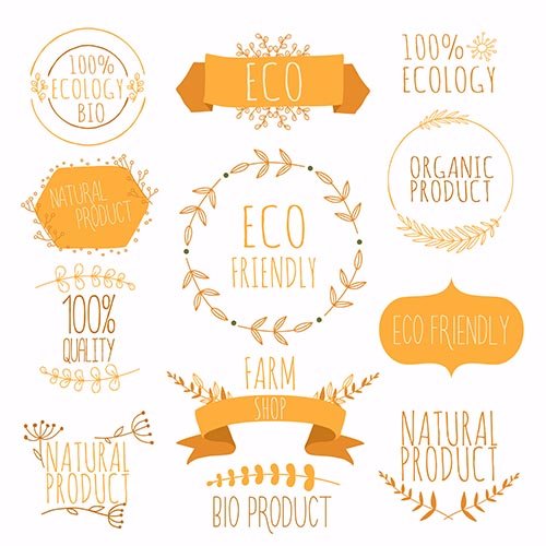 Collection of orange labels and badges for organic natural