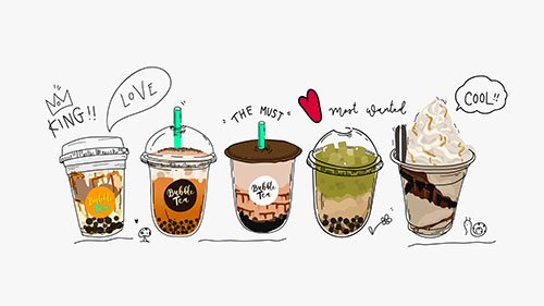 Collection of bubble tea, pearl milk tea and coffees