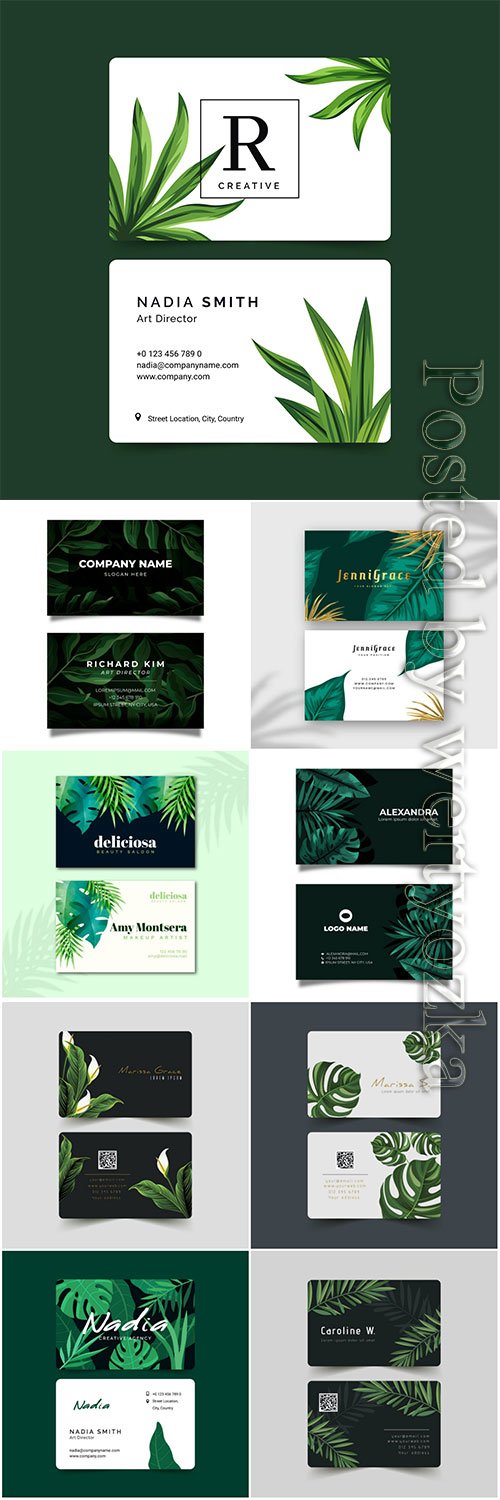 Business card with natural motifs pack vector set