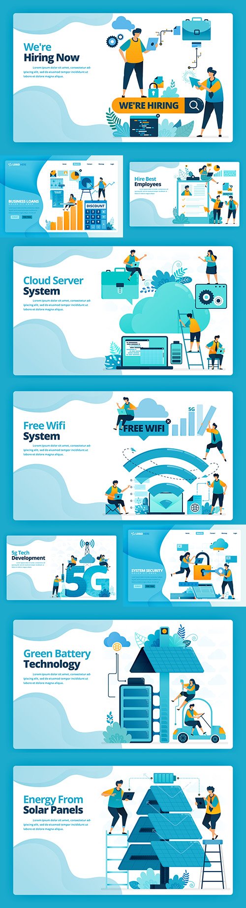 Illustration landing page business people and technology
