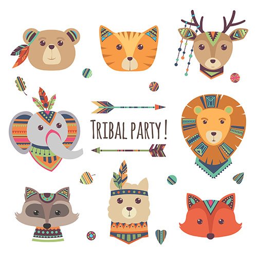 Cartoon tribal animal heads isolated on white  Vector background