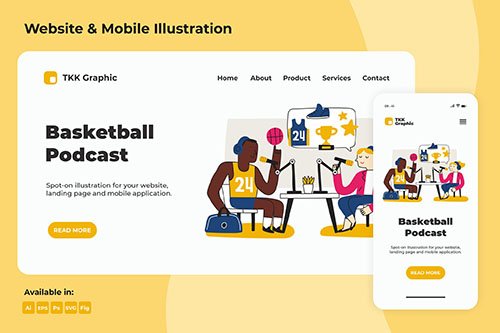 Basketball PSD and Vector Podcast Landing page & Mobile design