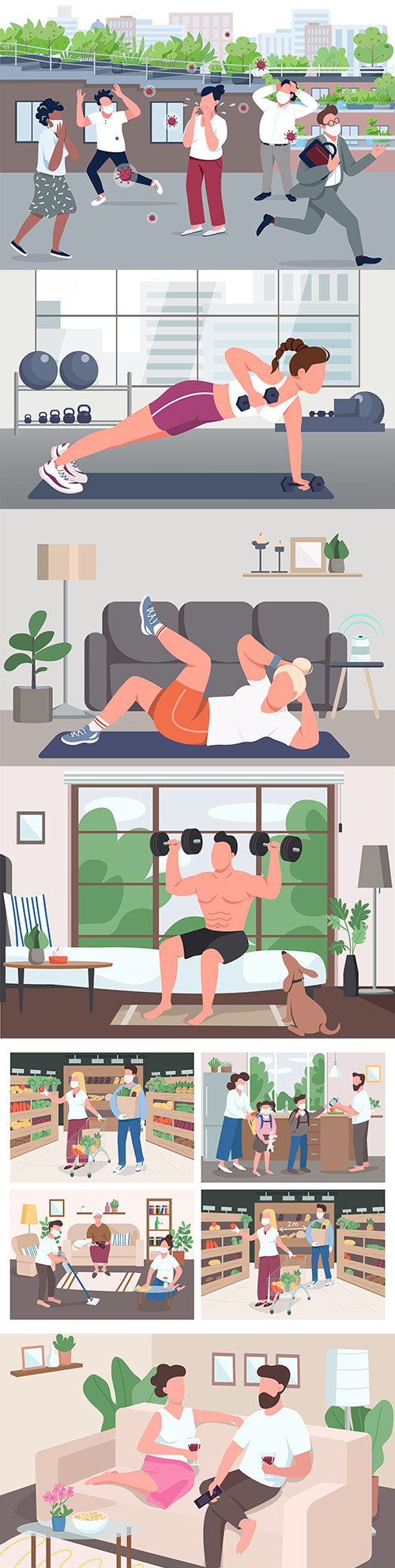 Fitness and home training in quarantine cartoon illustration