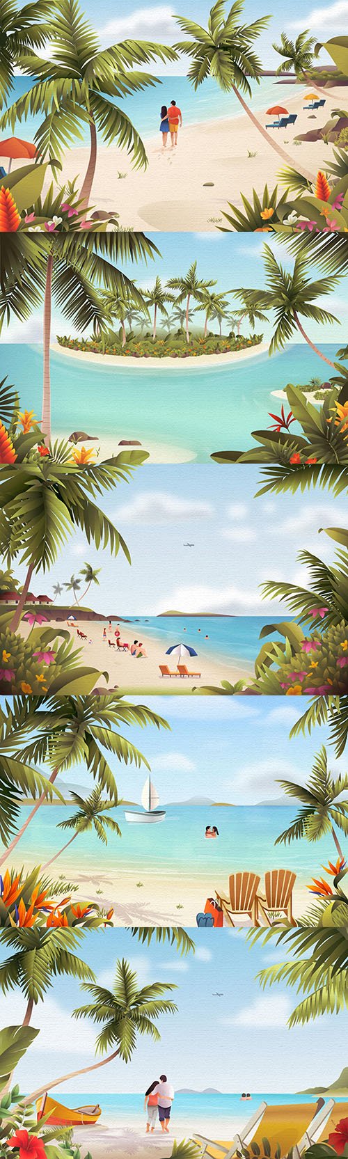 Summer sandy beach and palm watercolor illustrations