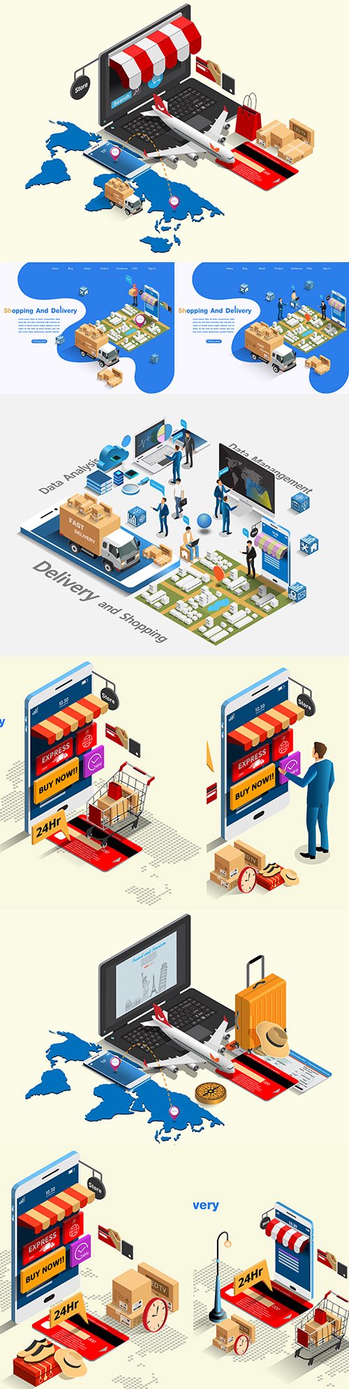 Buying and shipping online e-commerce market isometric concept