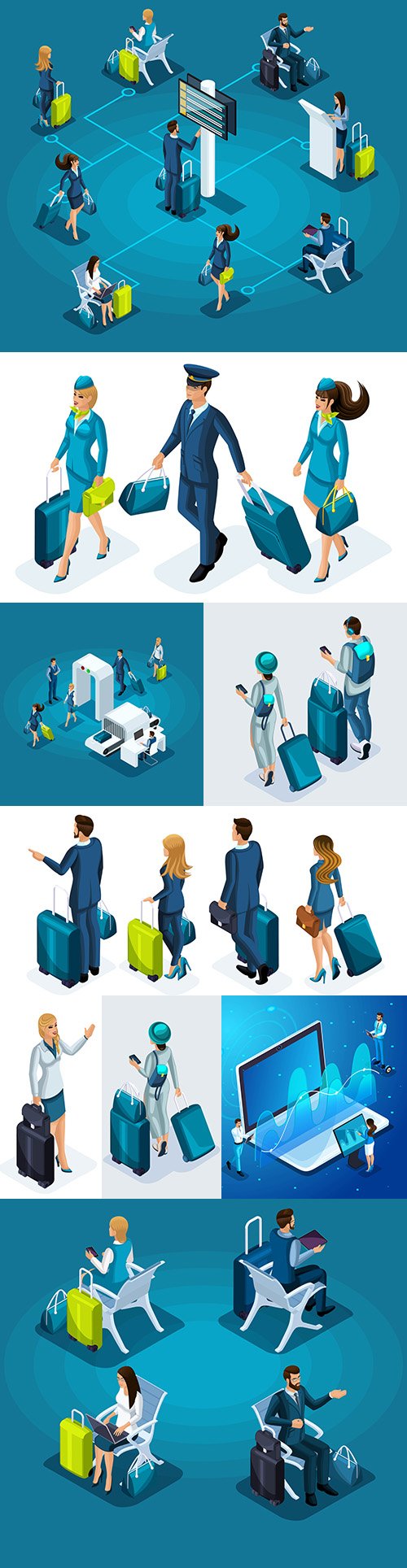 Girl and man at airport with suitcases isometric illustrations