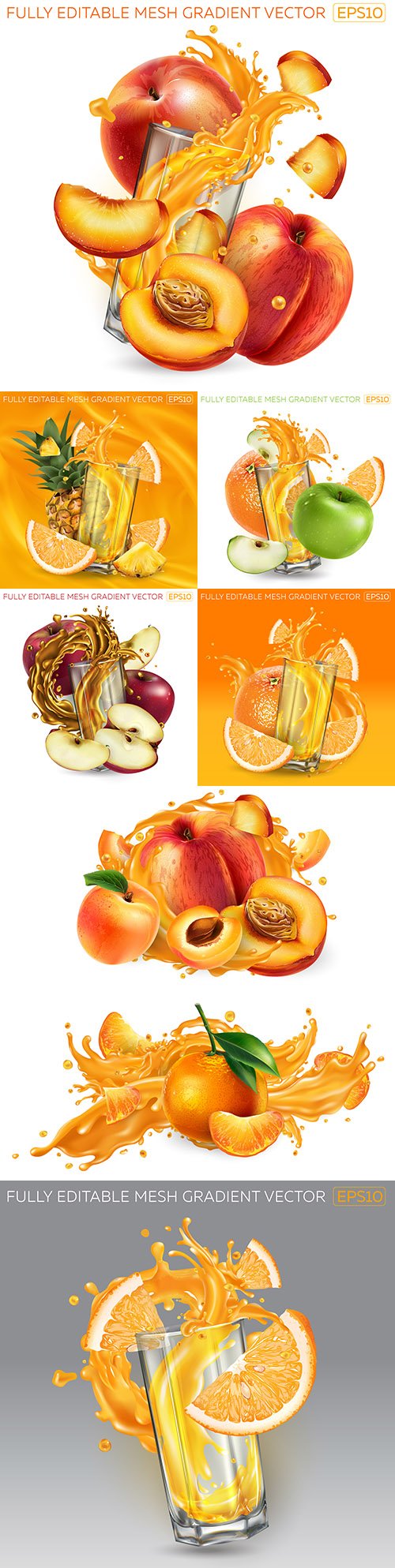 Whole fruit and bulls fruit juice realistic illustrations